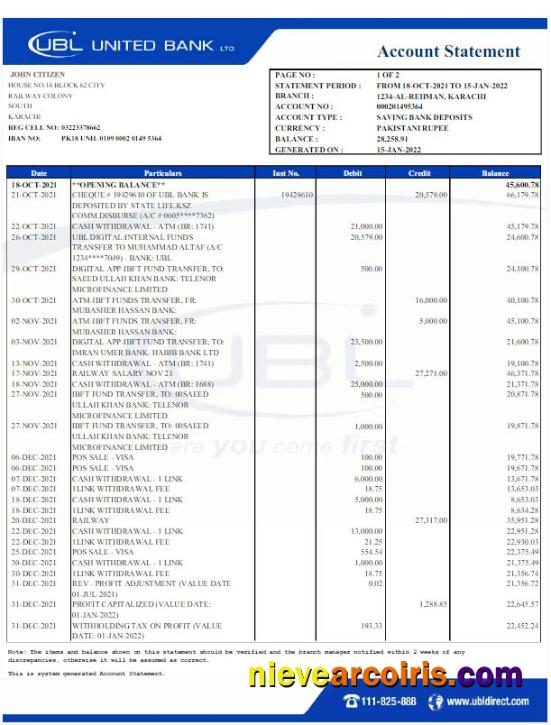 Pakistan UBL bank statement Word and PDF scr